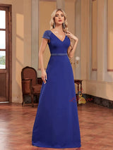 Royal Blue V-neck Cap Sleeve Beading Prom Dress