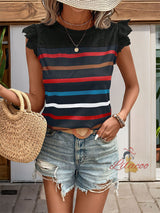 Casual Lace Lotus Leaf Sleeve Striped T-shirt