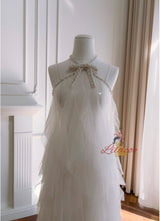 White Tulle Halter Backless Beading Prom Dress