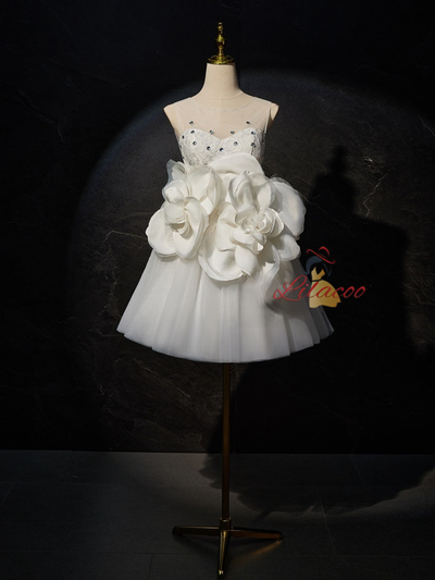 White Tulle Lace Backless 3D Flower Wedding Dress