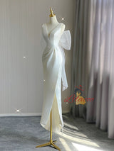 White Satin V-neck Backless Split Wedding Dress