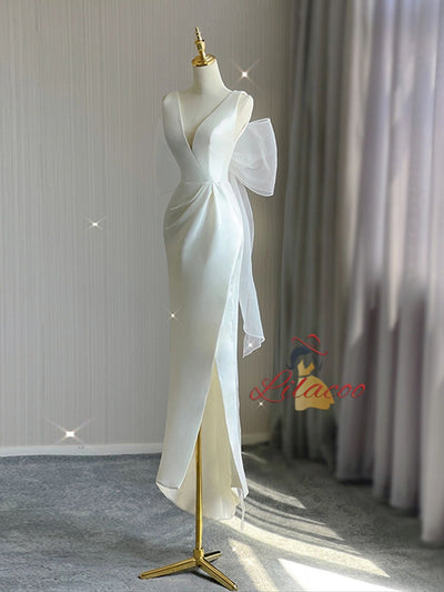 White Satin V-neck Backless Split Wedding Dress