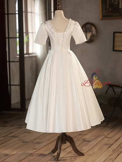White Satin Lace Short Sleeve Pearls Wedding Dress