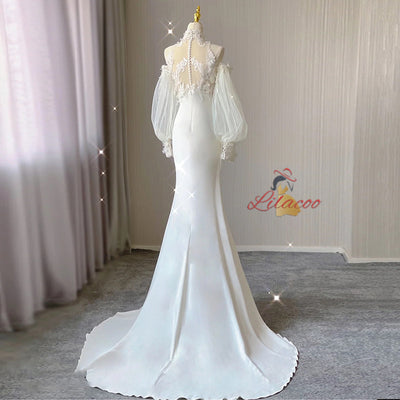 White Mermaid High Neck Lace Wedding Dress
