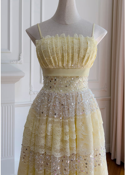Yellow Lace Sequins Long Prom Dress