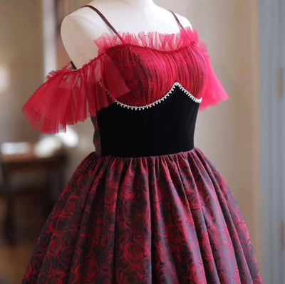 Burgundy Print Spaghetti Straps Homecoming Dress