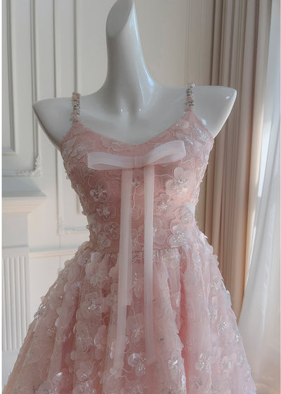 Pink Straps Flower Beading Prom Dress