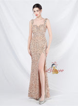 Sequins Split Straps Sleeveless Prom Dress