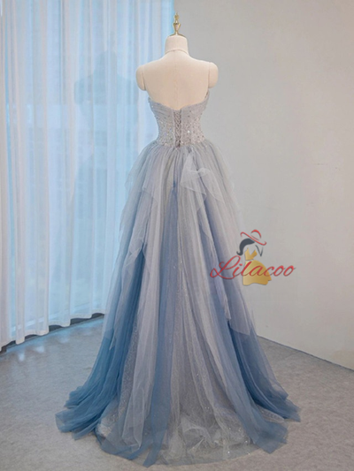 Blue Tulle Sequins Pleats Prom Dress