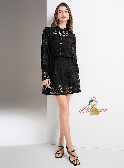 Retro Lace Long Sleeve Slim Short Skirt Two-piece Set