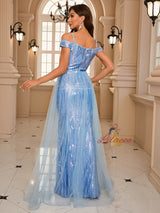 Blue Seuqins Tulle Straps Prom Dress