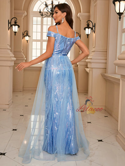 Blue Seuqins Tulle Straps Prom Dress