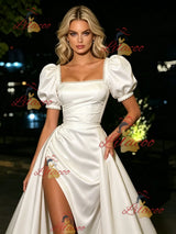 White Satin Puff Sleeve Pleats Prom Dress