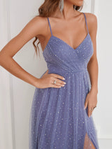 Purple Tulle Spaghetti Straps Split Party Dress