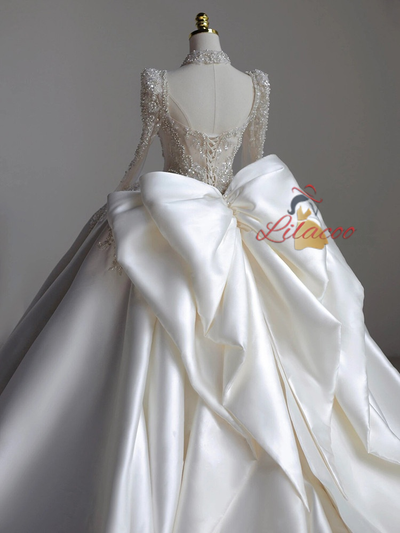 White Satin Long Sleeve Backless Beading Wedding Dress