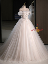 Beige Tulle Lace Spaghetti Straps Wedding Dress