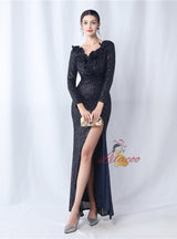 Long Sleeve V-neck Sequins Split Prom Dress