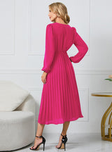 Long Sleeve Slim Pleated Belt V-neck Dress