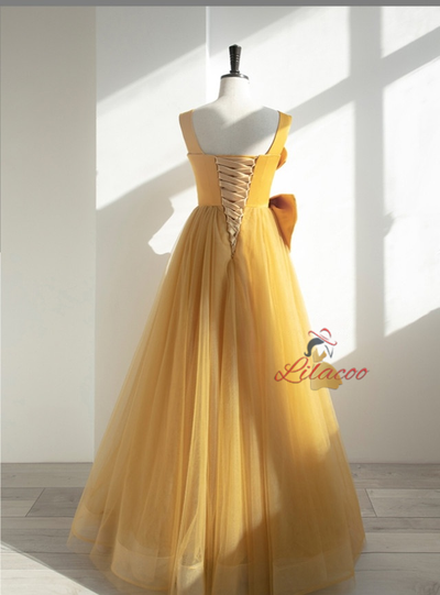 Yellow Tulle Straps Bow Pleats Prom Dress