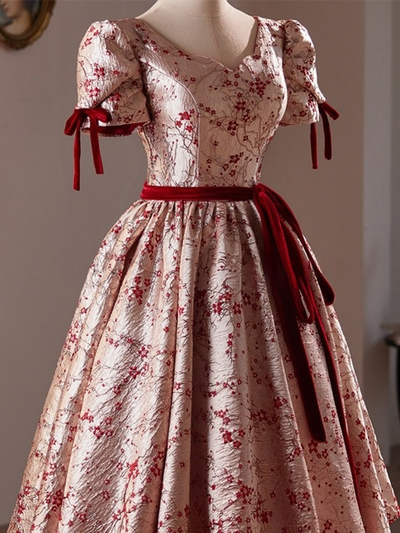 Burgundy Short Sleeve Print Homecoming Dress