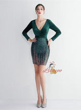 Velvet Long Sleeve V-neck Mini Prom Dress