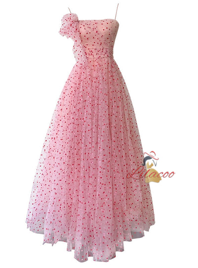 Pink Long Gauze Print Suspender Dress