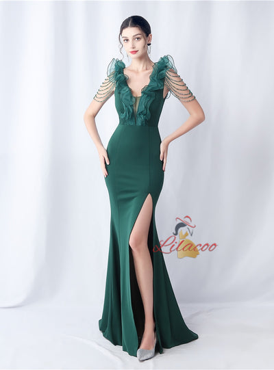 V-neck Mermaid Beading Prom Dress