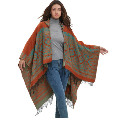Ethnic Jacquard Hooded Cloak Shawl