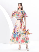 Off the Shoulder Pleated Printed Long Dress