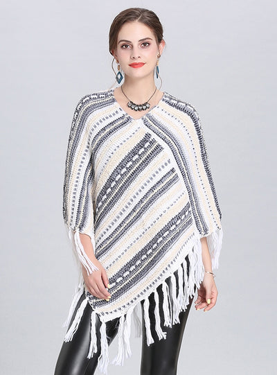 Fringed Diagonal Striped Cloak Shawl