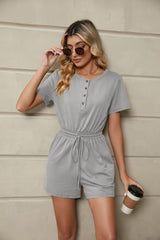 Solid Color Loose Short Sleeve Pocket Jumpsuit