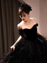 Black Tulle Sequins Velvet Short Sleeve Prom Dress