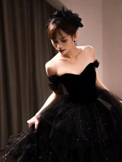 Black Tulle Sequins Velvet Short Sleeve Prom Dress