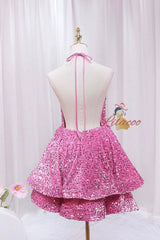 Pink Sequins Deep V-neck Homecoming Dress