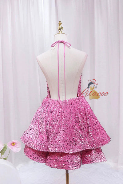 Pink Sequins Deep V-neck Homecoming Dress