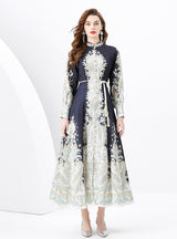 Retro Long-sleeved Single-breasted Printed Dress