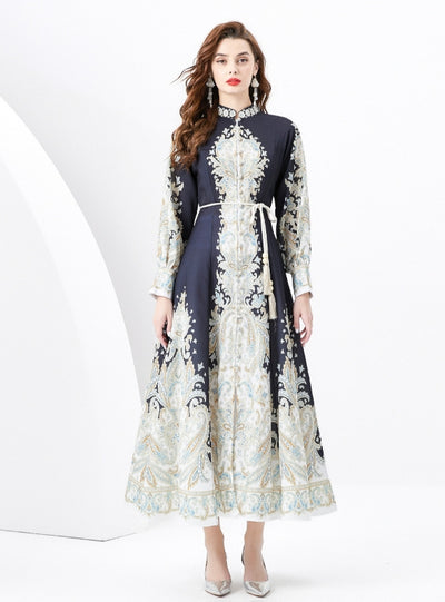 Retro Long-sleeved Single-breasted Printed Dress