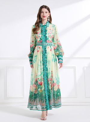 Chiffon Printed Long-sleeved Dress