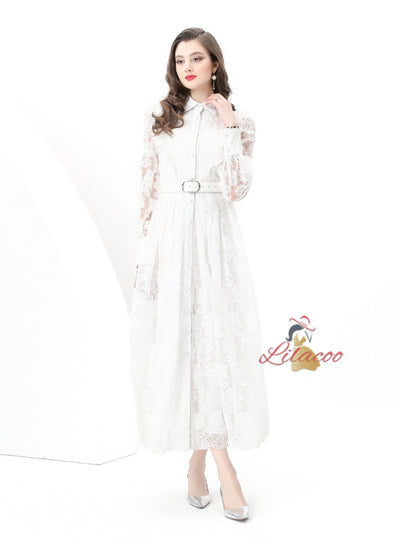 Retro Breasted Slim Waist Lace Dress