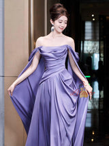 A-Line Purple Off the Shoulder Pleats Prom Dress