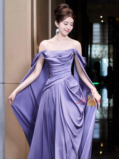 A-Line Purple Off the Shoulder Pleats Prom Dress