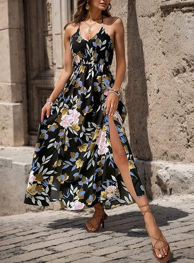 Printed Slit Suspender Backless Long Dress
