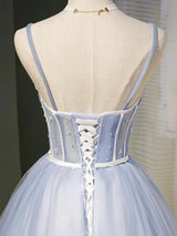 Blue Tulle Spaghetti Pleats Homecoming Dress