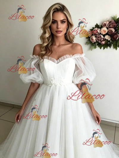 White Tulle Puff Sleeve Off the Shoulder Wedding Dress