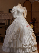 Vintage White Satin Appliques Wedding Dress