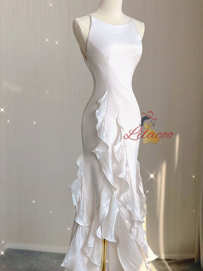 White Sheath Halter Wedding Dress