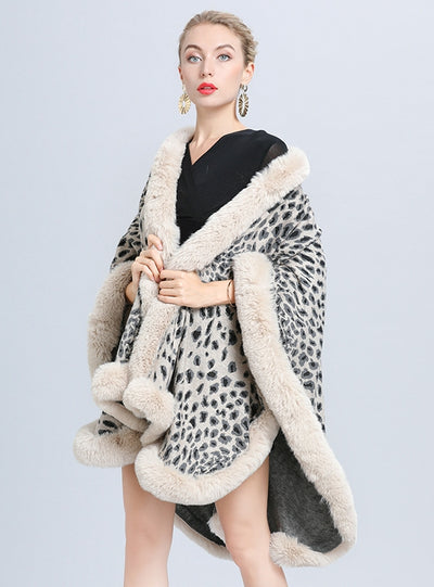 Leopard Jacquard Knit Cardigan Cloak Shawl