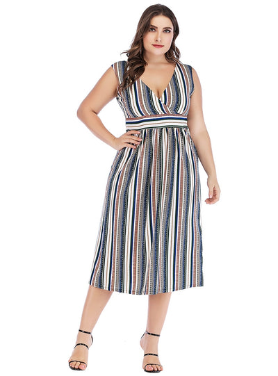 V-neck Striped Waist Slim Dress