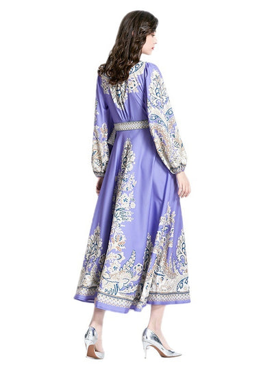 Lantern Sleeves V-neck Printed Dress