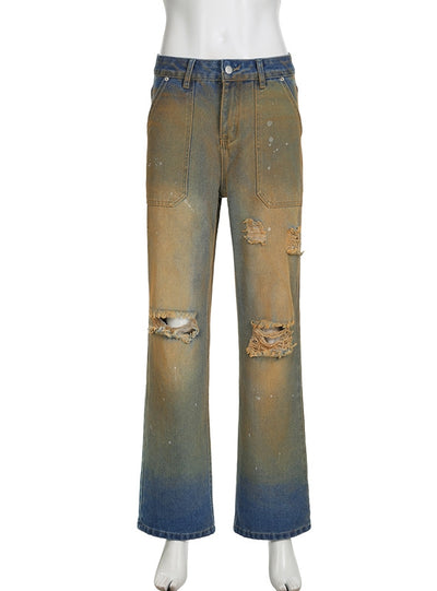 Hole-washed High-waisted Straight Jeans